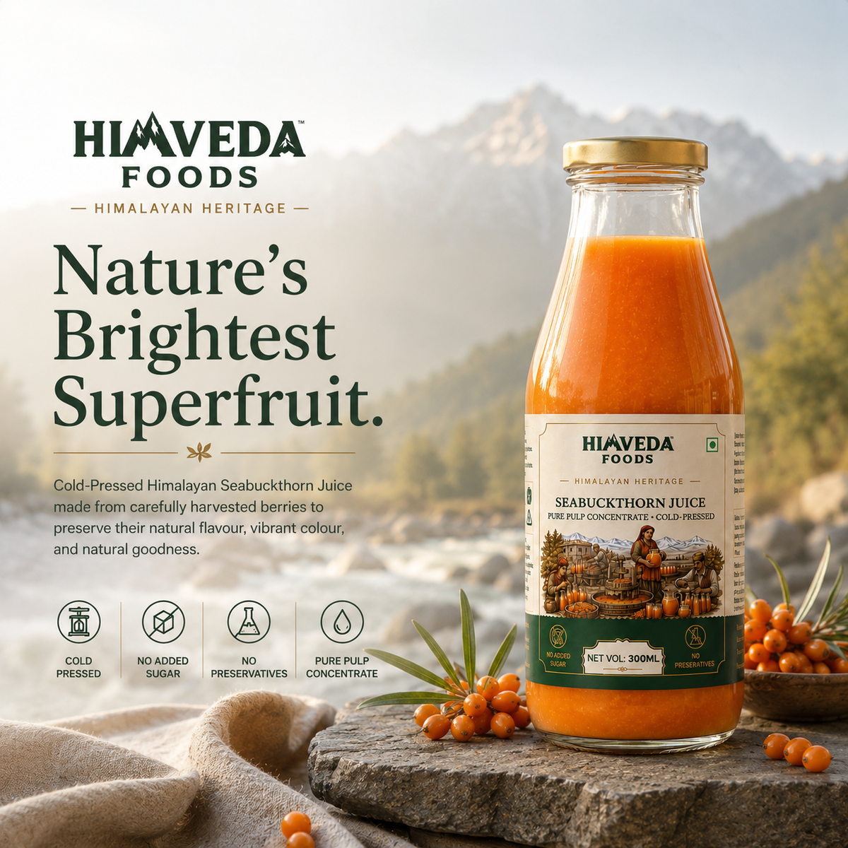 Sea Buckthorn Pulp, 300ml (Juice) (Rich in Vitamin C, Omega 3,6,7 and 9 and Antioxidants)