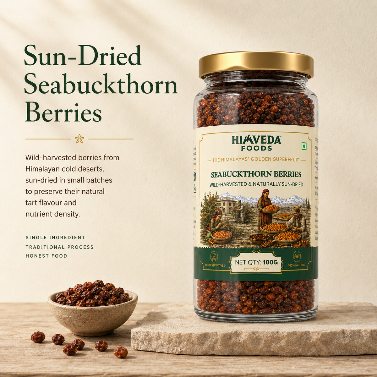 Premium Sea Buckthorn Berries, 100g (Dried Seabuckthorn)