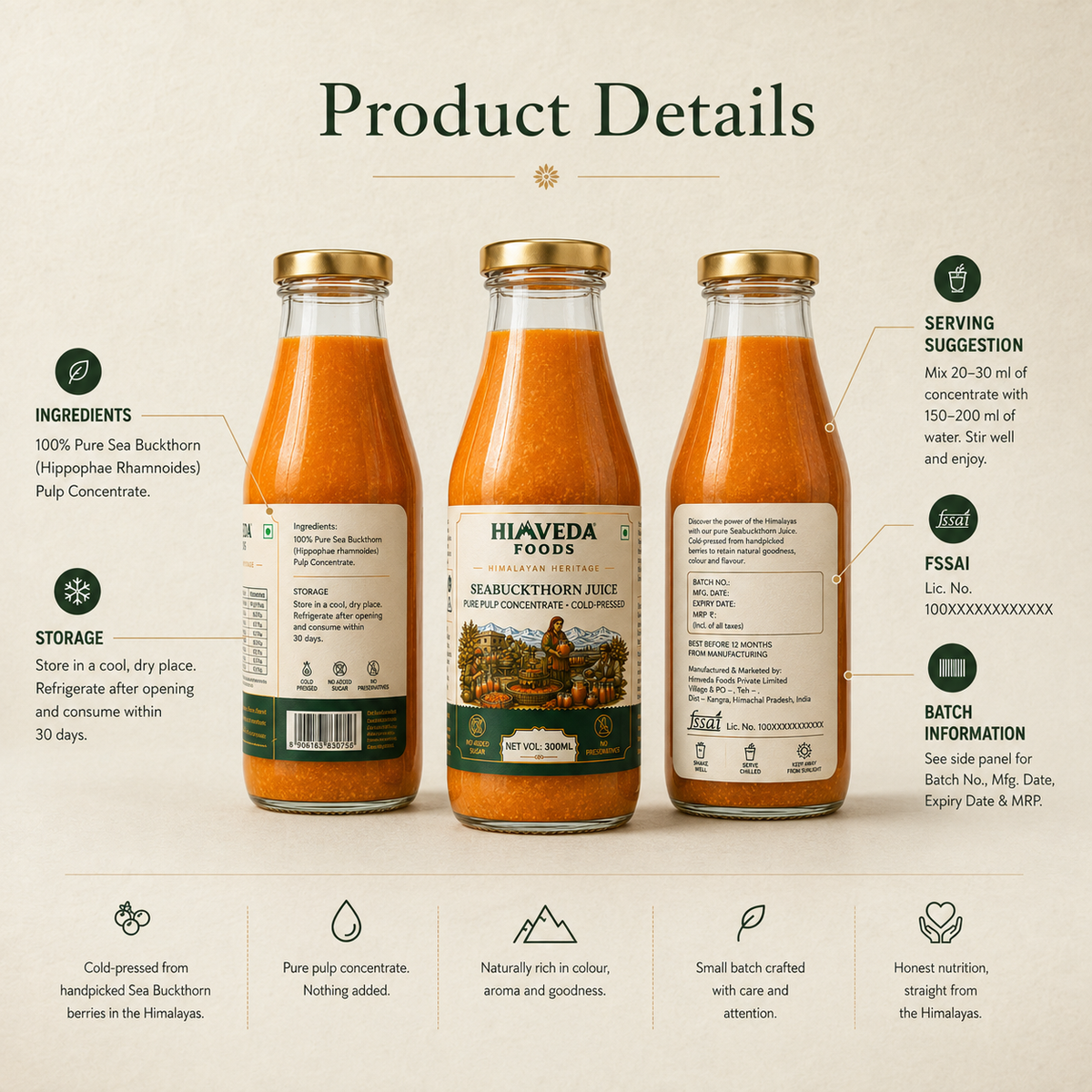 Sea Buckthorn Pulp, 300ml (Juice) (Rich in Vitamin C, Omega 3,6,7 and 9 and Antioxidants)